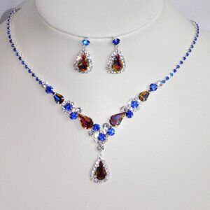 Blue and AB Blue Rhinestone Crystal Necklace and Earrings Prom Set